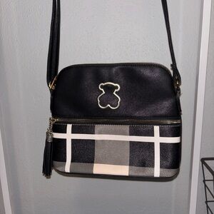 TOUS Black and Beige Plaid Crossbody Bag with Bear Logo